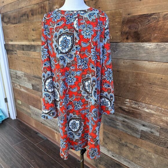 Loft-Anne Taylor Red Blue Brown Floral Long Sleeve Smock Tunic-Henley style sz L - Picture 2 of 16